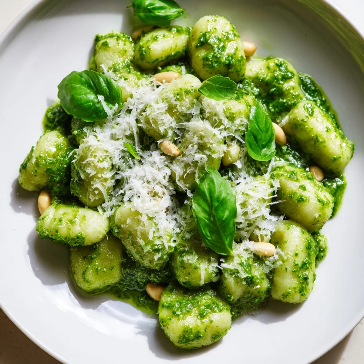 Soft potato gnocchi coated in vibrant green basil pesto sauce with grated Parmesan