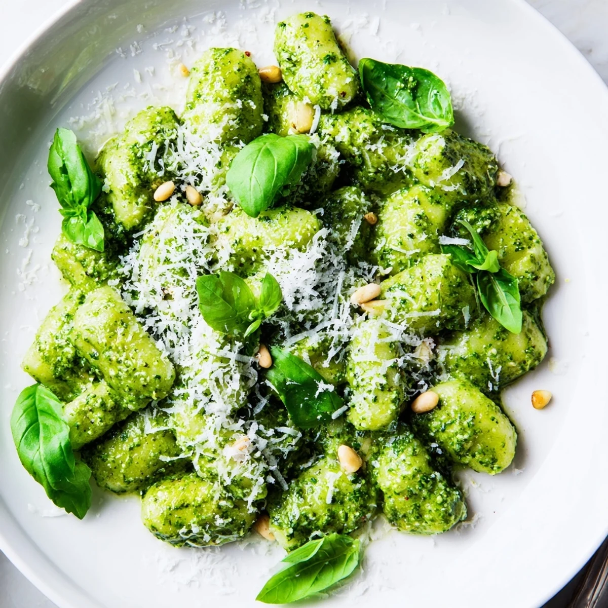 Golden brown pesto gnocchi topped with fresh basil leaves and extra pine nuts