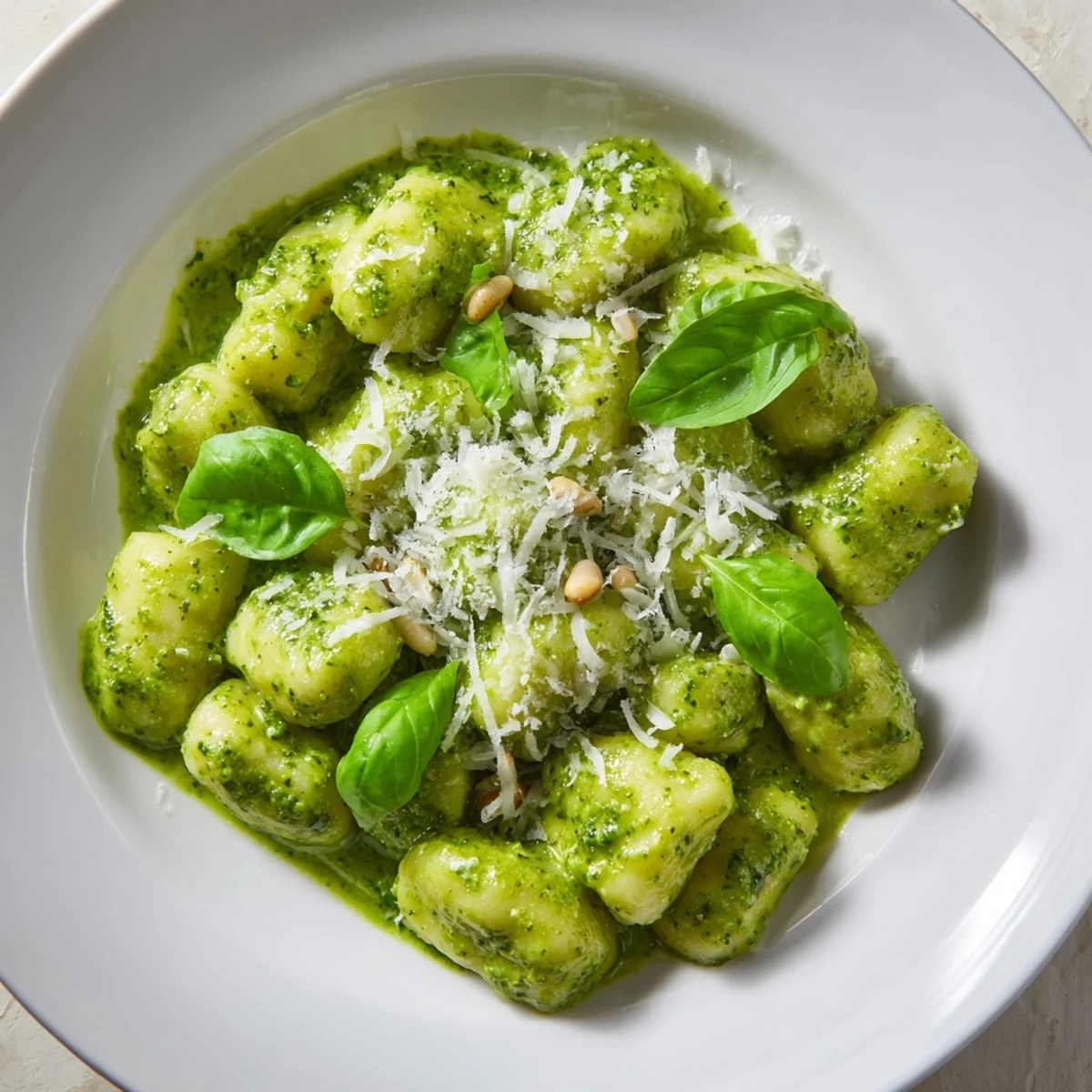 Creamy homemade basil pesto coats tender Italian potato gnocchi in this comforting dish