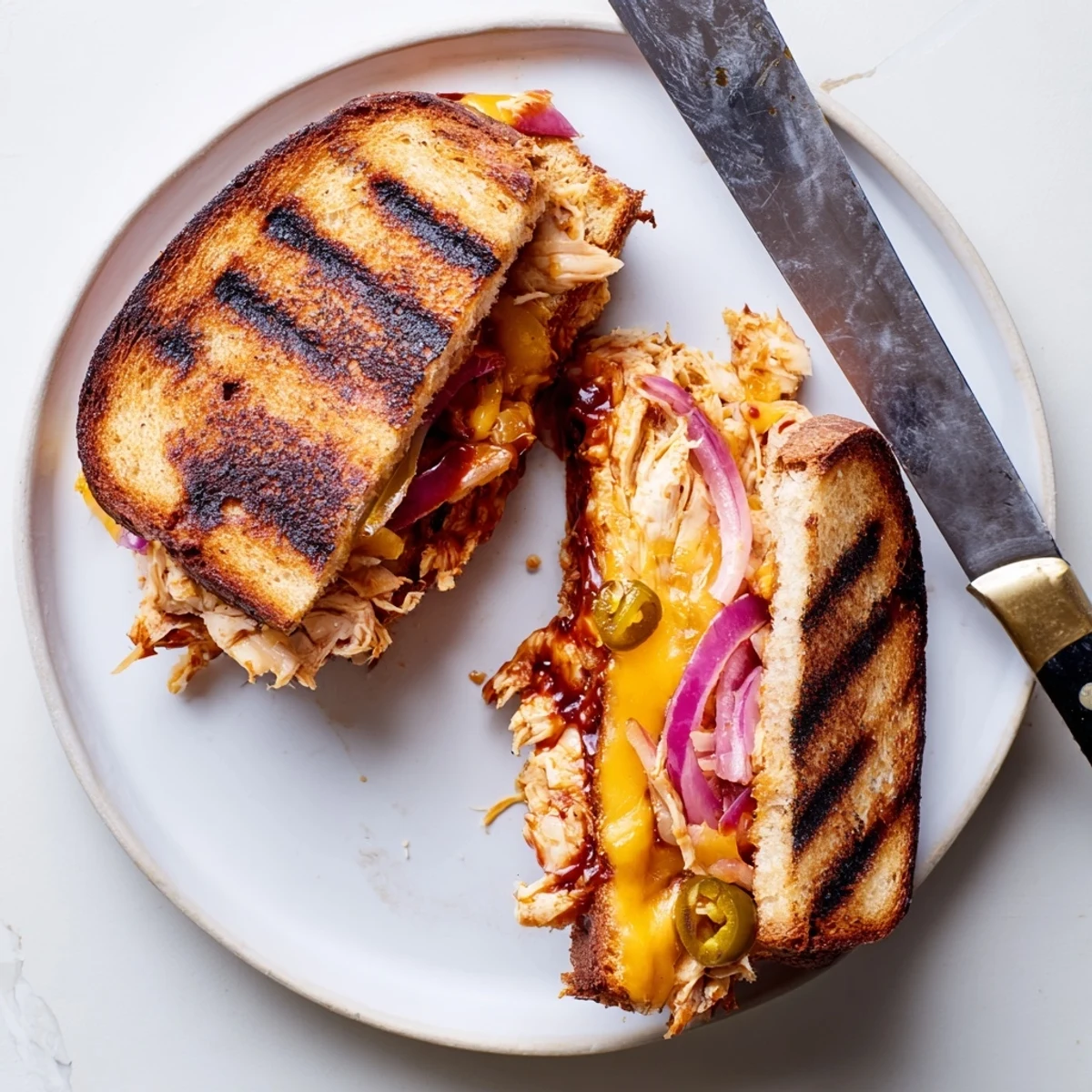 Savory BBQ chicken grilled cheese featuring gooey mozzarella and crispy buttered sourdough slices