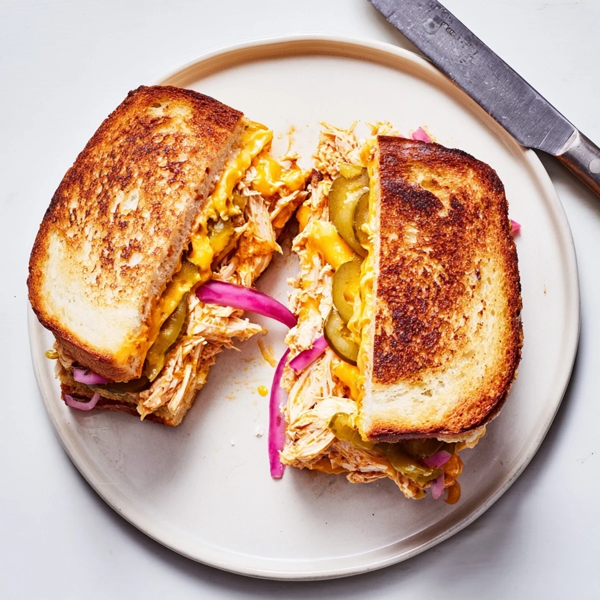 Cut sandwich revealing smoky BBQ chicken layers, melted cheese, and golden toasted crust