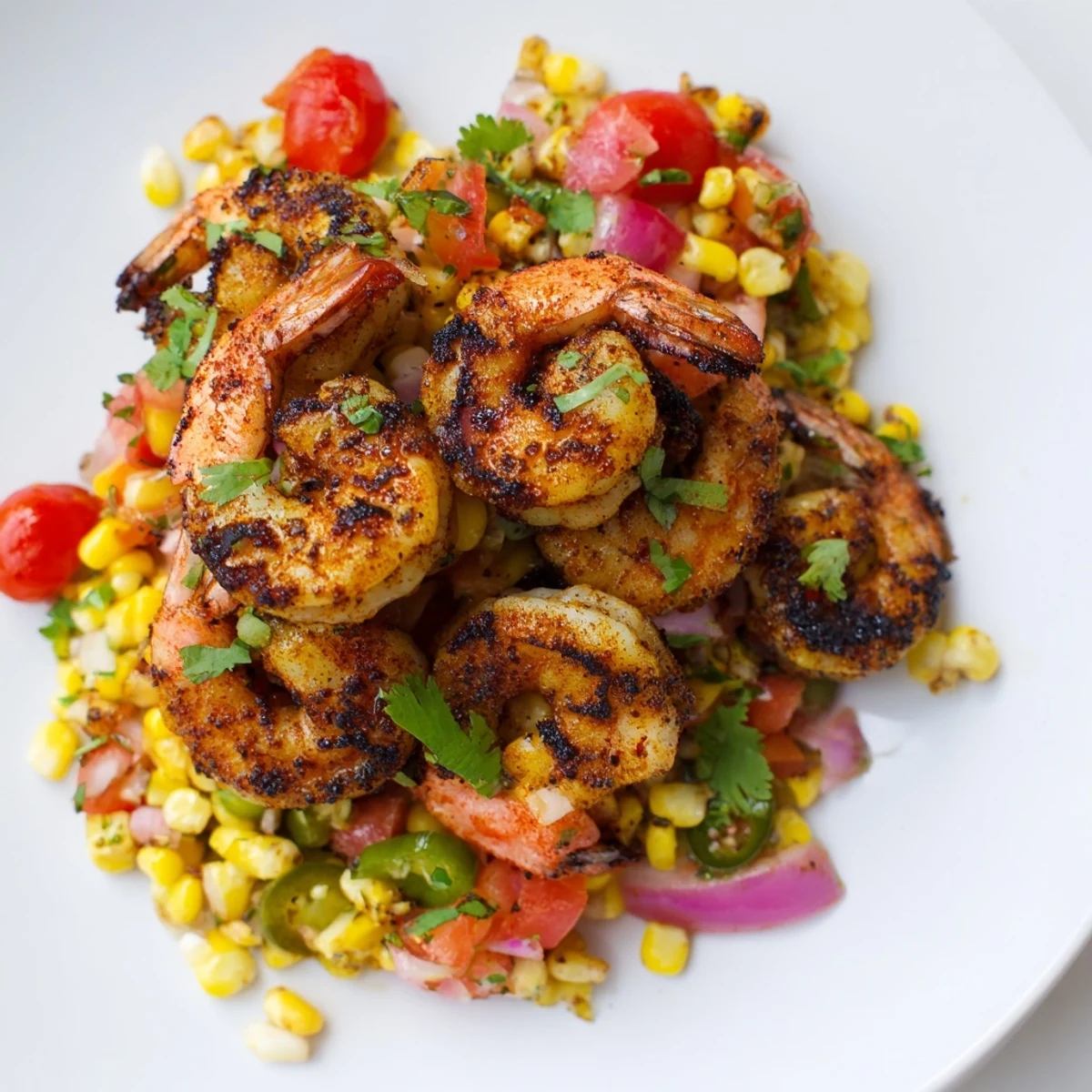 Succulent smoky charred shrimp with corn salsa featuring grilled shrimp skewers atop vibrant fresh corn, cherry tomatoes, red onion, jalapeño and cilantro