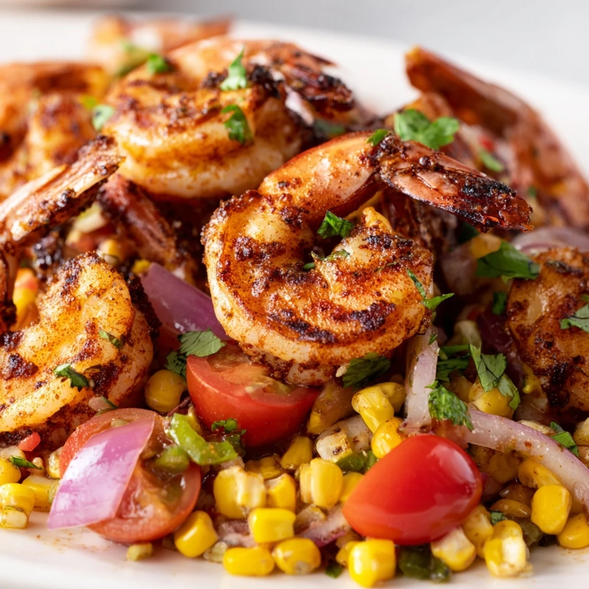 Golden grilled smoky charred shrimp with corn salsa plated over colorful corn and tomato mixture with zesty lime and herbs
