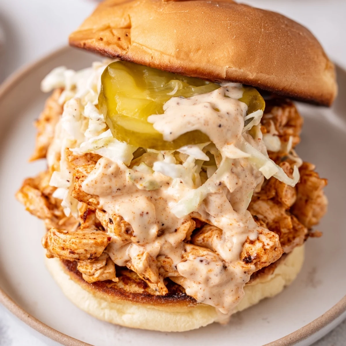 Golden grilled chicken chopped in creamy white Alabama BBQ sauce piled on toasted bun