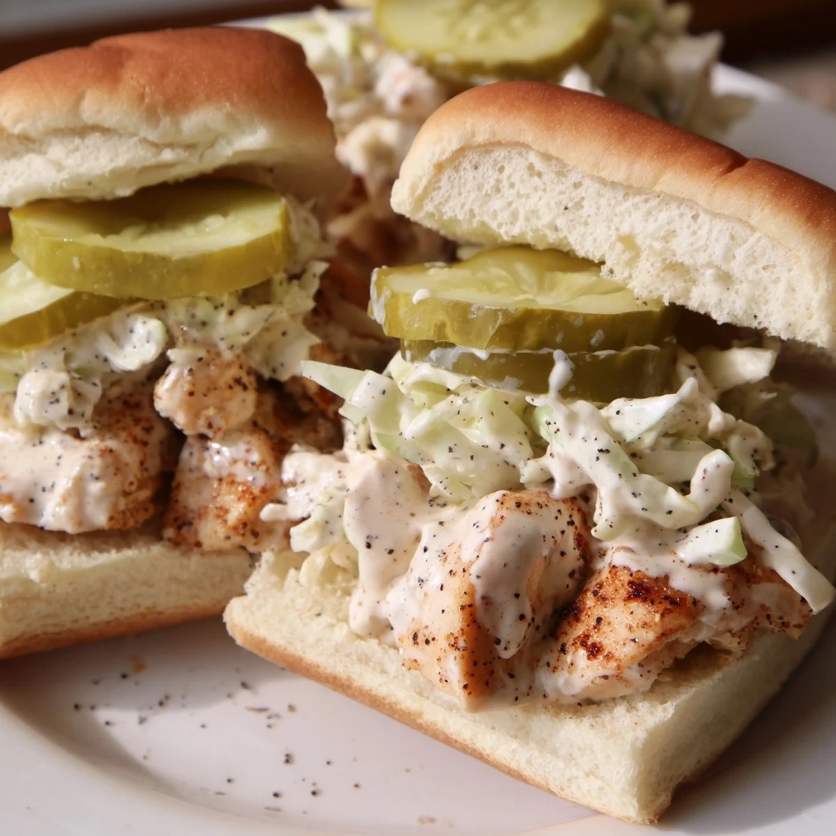 Tender smoky chicken breast pieces tossed tangy white sauce and crisp coleslaw on soft sandwich bun