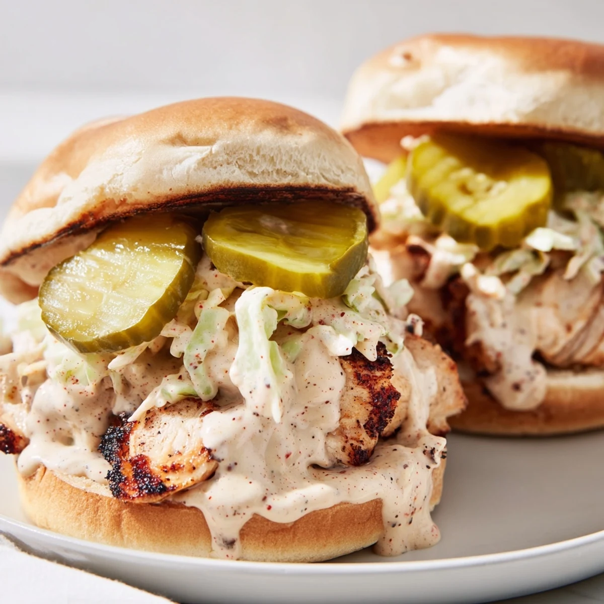 Close-up of Alabama BBQ chicken chopped sandwich topped with creamy white sauce and crunchy pickles
