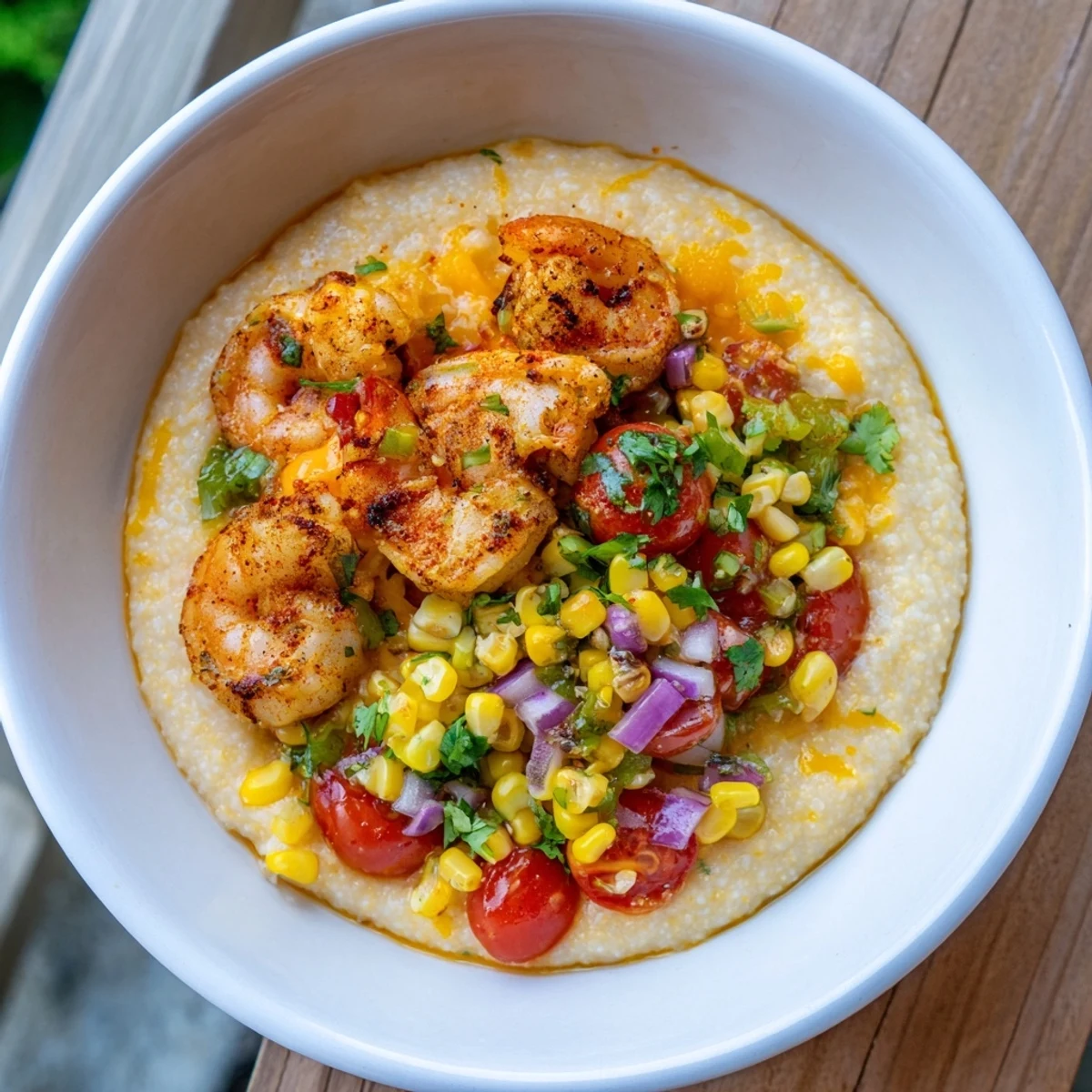 Creamy shrimp grits topped with fresh corn salsa and zesty lime cilantro garnish