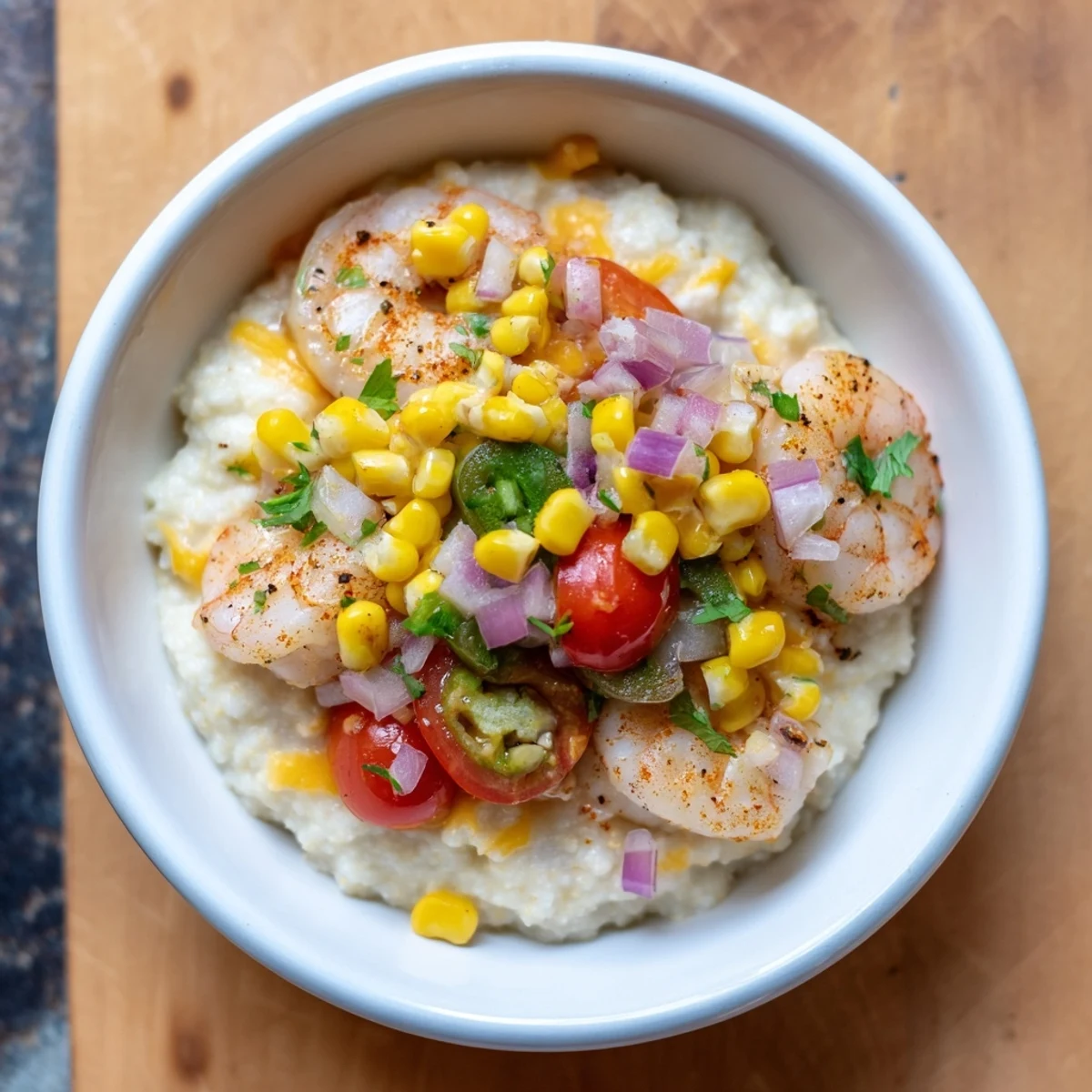 Southern-style shrimp and grits bowl with golden sautéed shrimp and colorful corn salsa
