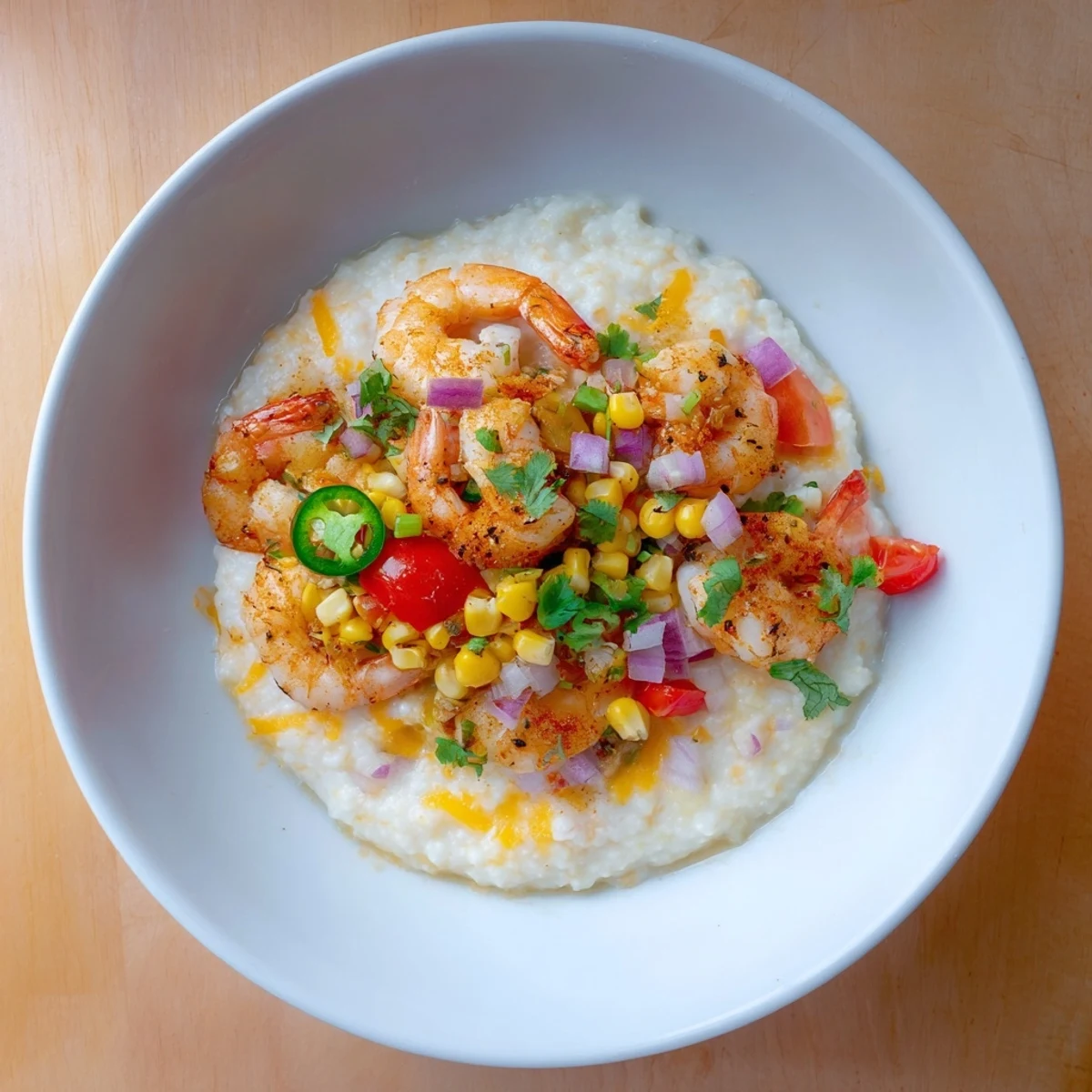 Rich cheddar grits served with spiced shrimp and vibrant corn tomato salsa topping