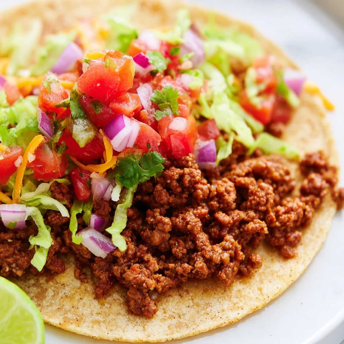 Golden ground beef tacos loaded with fresh pico de gallo and shredded cheese