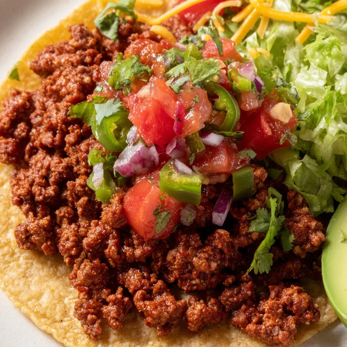 Crisp corn tortillas filled with seasoned ground beef tacos topped with vibrant homemade pico de gallo