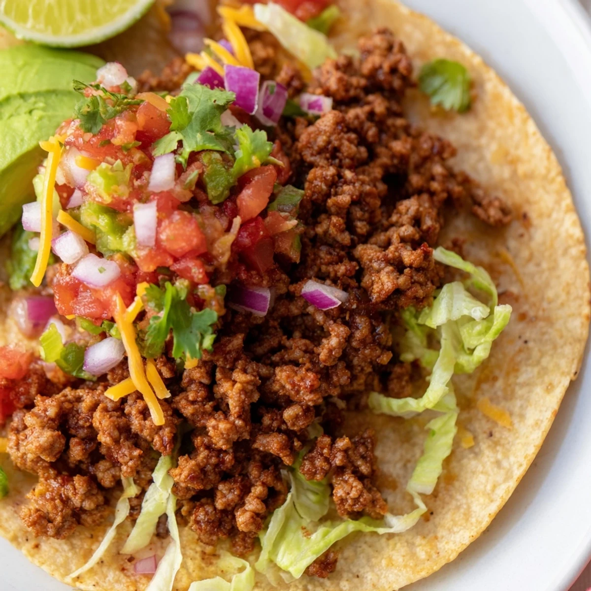 Savory ground beef tacos arranged on a platter with avocado slices and zesty pico de gallo