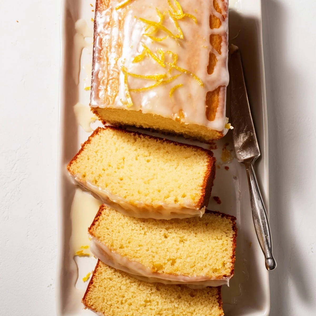 Moist lemon loaf cake slice with tangy Greek yogurt and bright citrus zest on a white plate