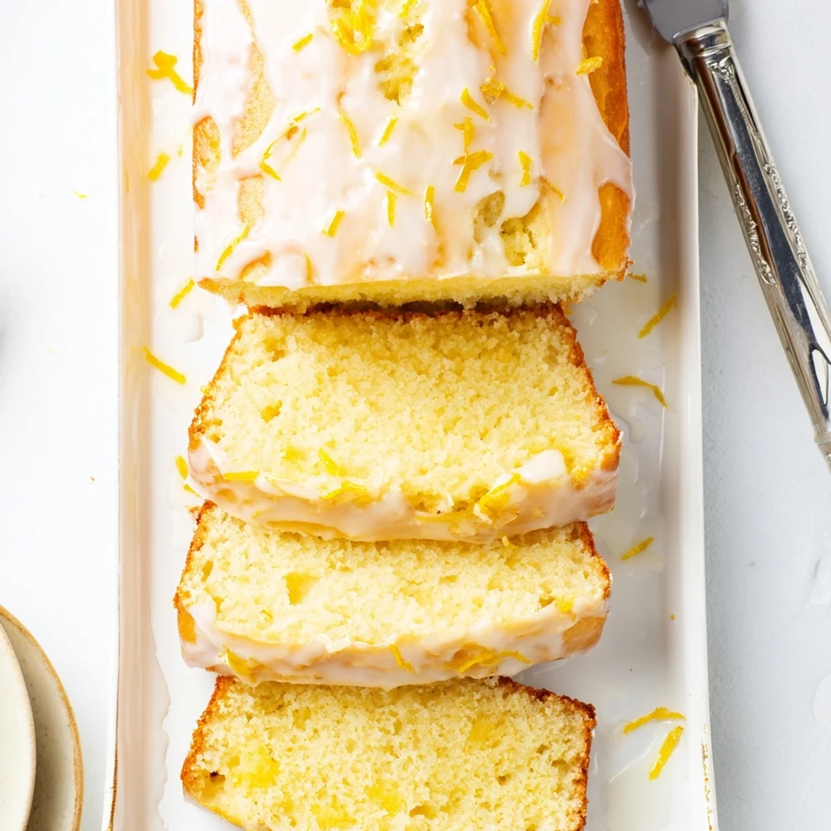 Golden Greek yogurt lemon loaf drizzled with sweet white glaze on a rustic wooden board