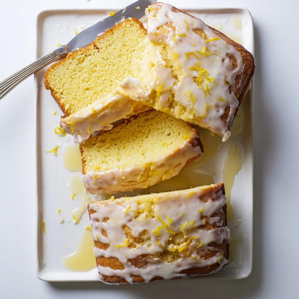 Freshly baked Mediterranean lemon loaf featuring creamy Greek yogurt and powdered sugar glaze topping