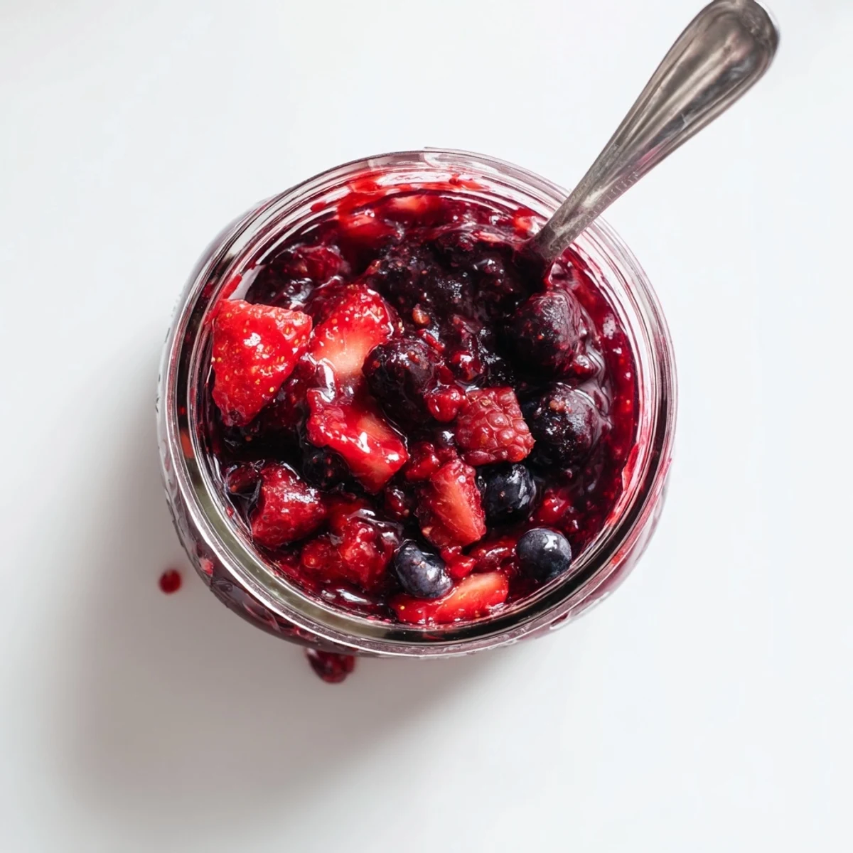 Glass jar of ruby red strawberry rhubarb raspberry jam spooned onto fresh buttered toast