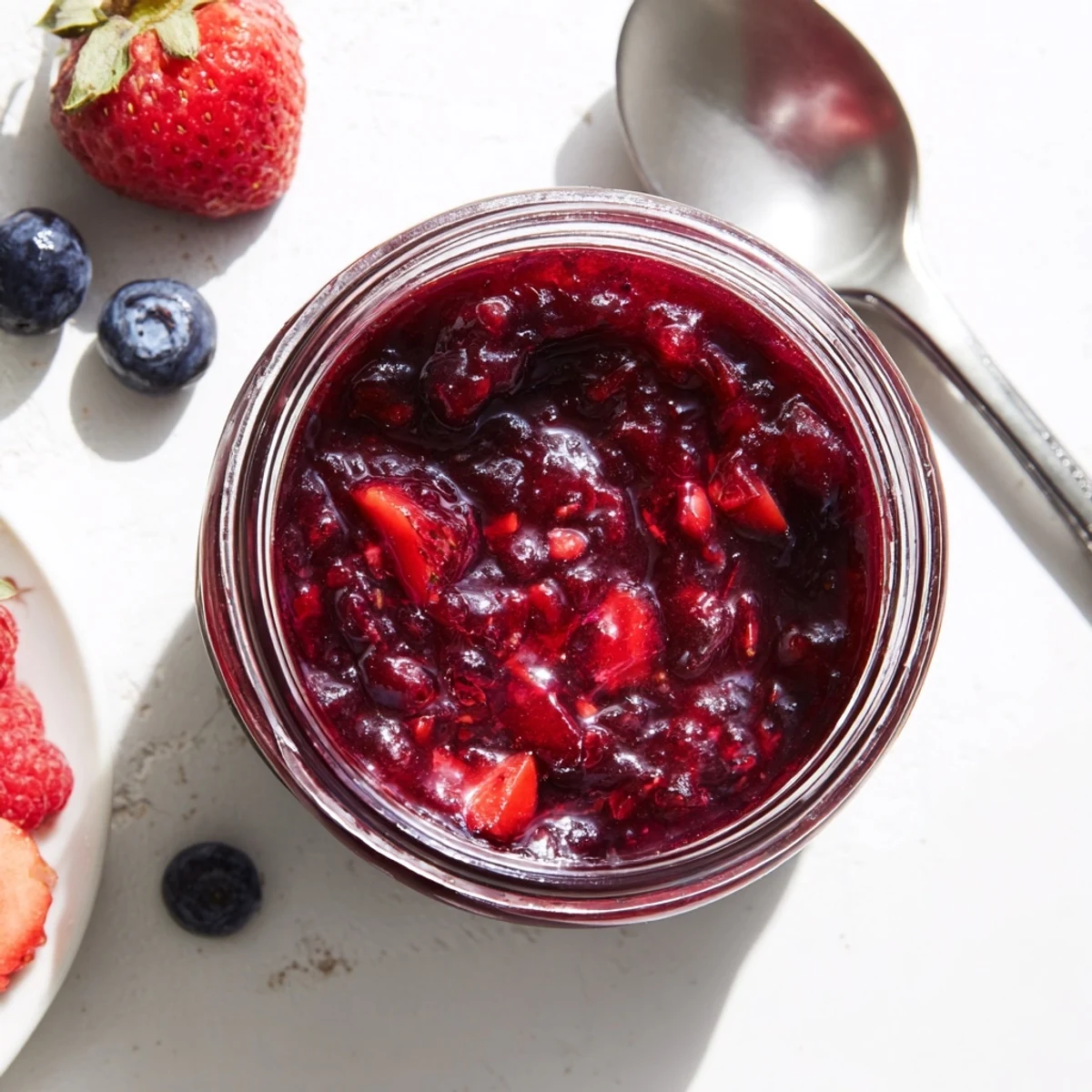Thick spreadable strawberry rhubarb raspberry jam swirling into creamy Greek yogurt with granola topping