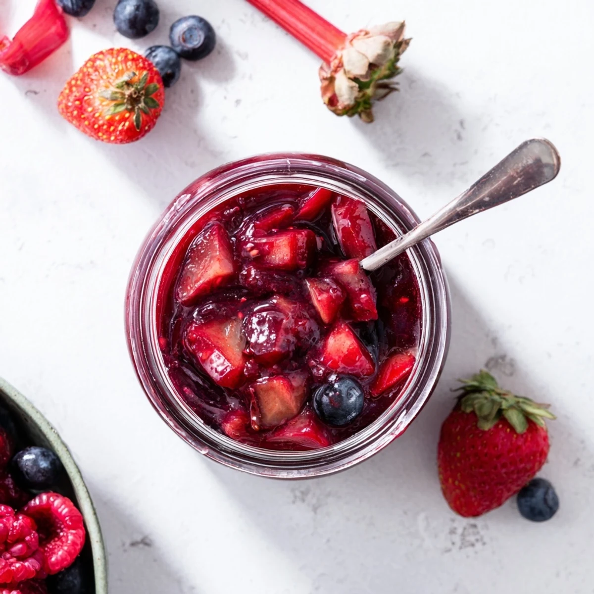 Homemade strawberry rhubarb raspberry jam glistening in sunlight with whole floating berry pieces