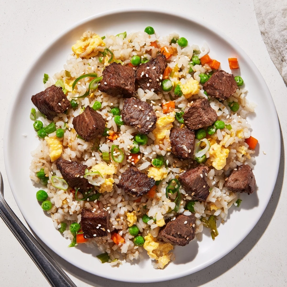 Savory Japanese-American fried rice with marinated steak, scrambled eggs, and crisp peas carrots cooked on a flat-top griddle