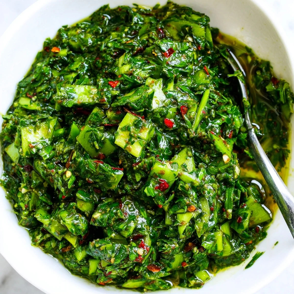 Fresh herbaceous garlic scape chimichurri sauce spooned onto grilled chicken and roasted vegetables