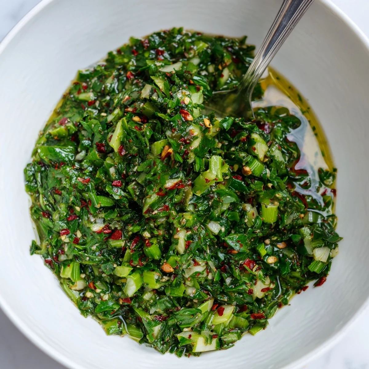 Thick textured chimichurri sauce with garlic scapes served alongside grilled meats and veggies