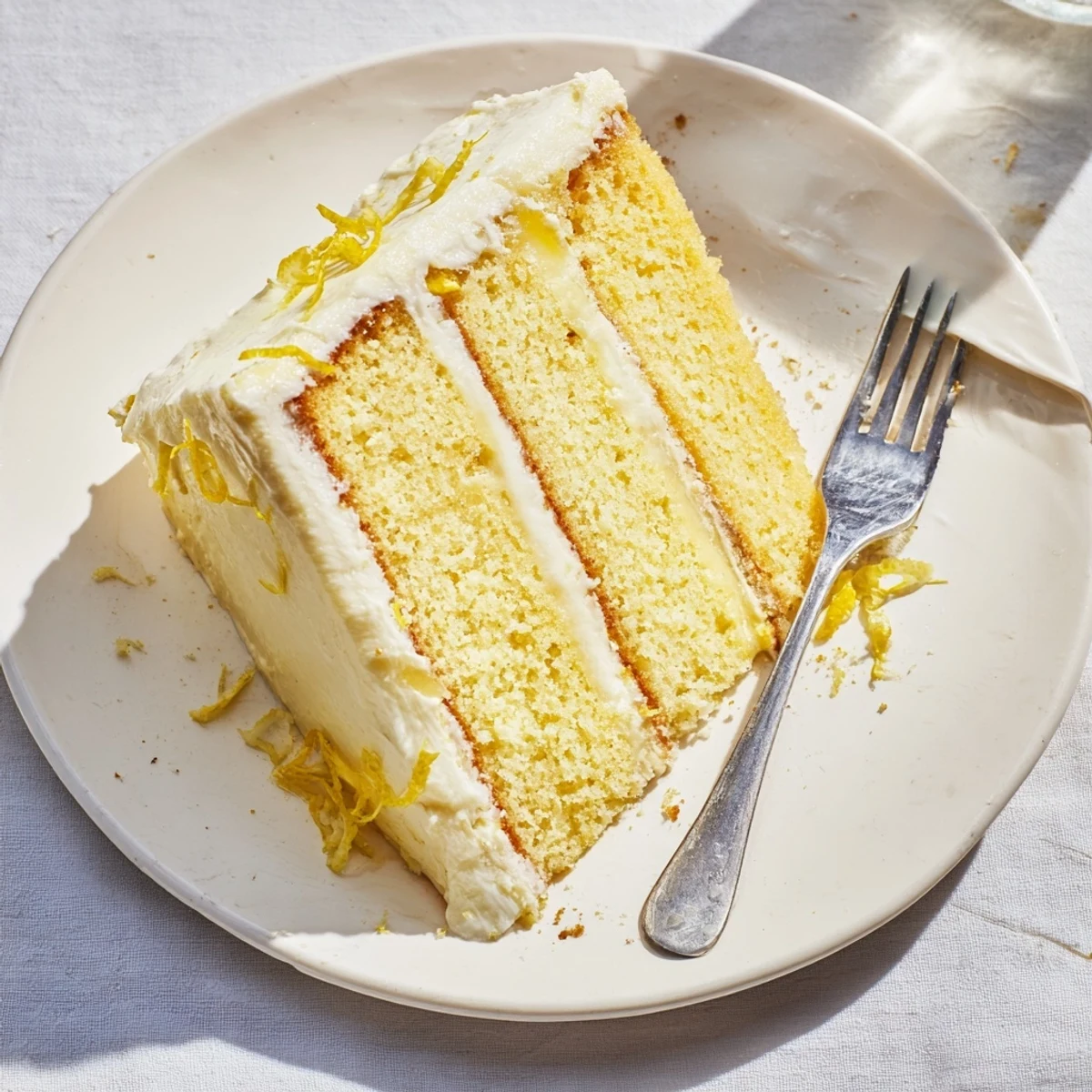 Beautiful lemon layer cake on serving plate with smooth frosting and bright citrus garnish