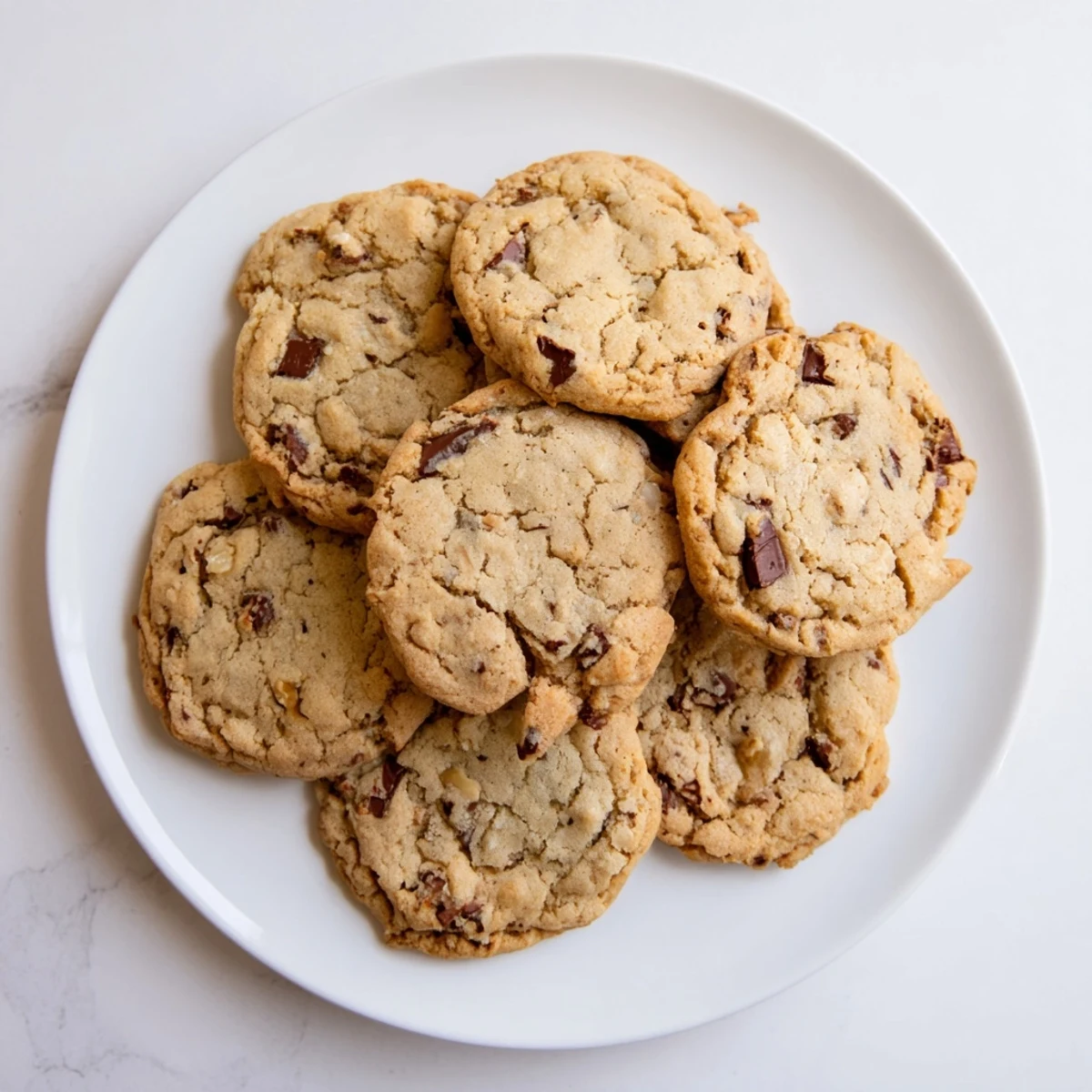 Stack of chewy brown butter chocolate chip cookies with golden edges and pools of chocolate