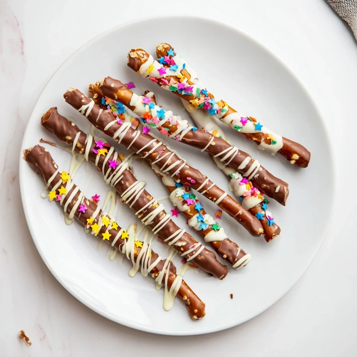 Chocolate Pretzel Trees arranged on a white platter with colorful sprinkles and candy star toppers