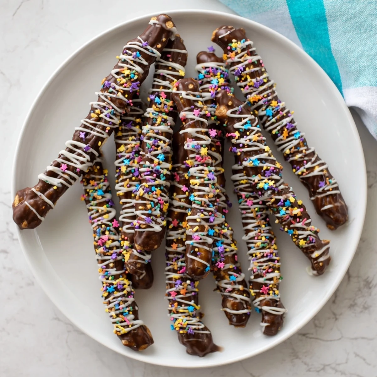 Festive chocolate-dipped pretzel rods drizzled with white chocolate and coated in red and green sprinkles