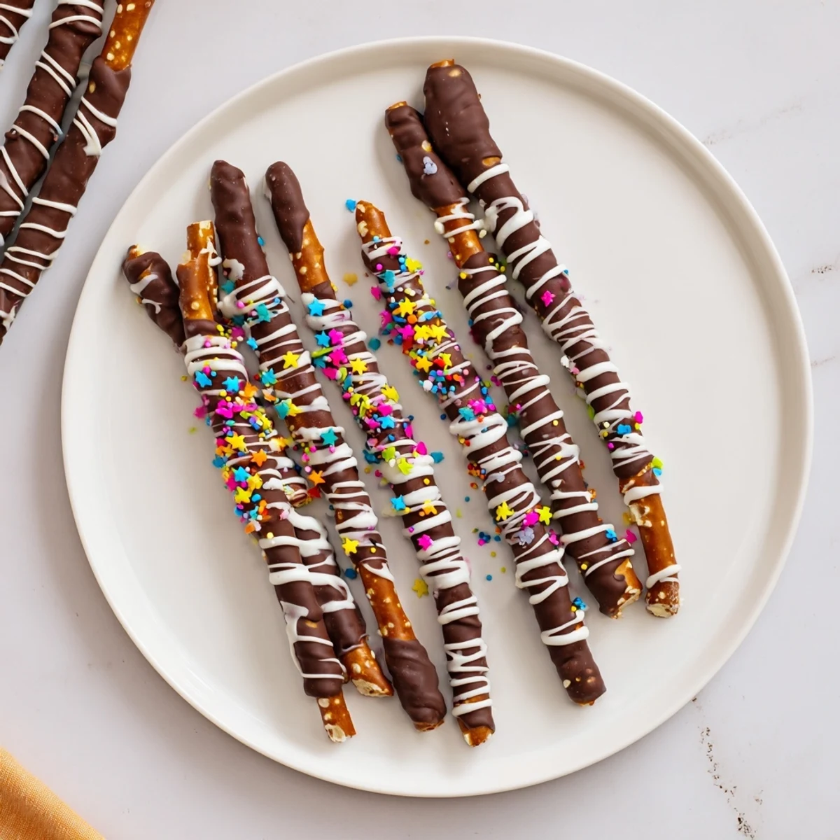 Homemade Chocolate Pretzel Trees glistening with melted chocolate and festive holiday decorations on a serving tray