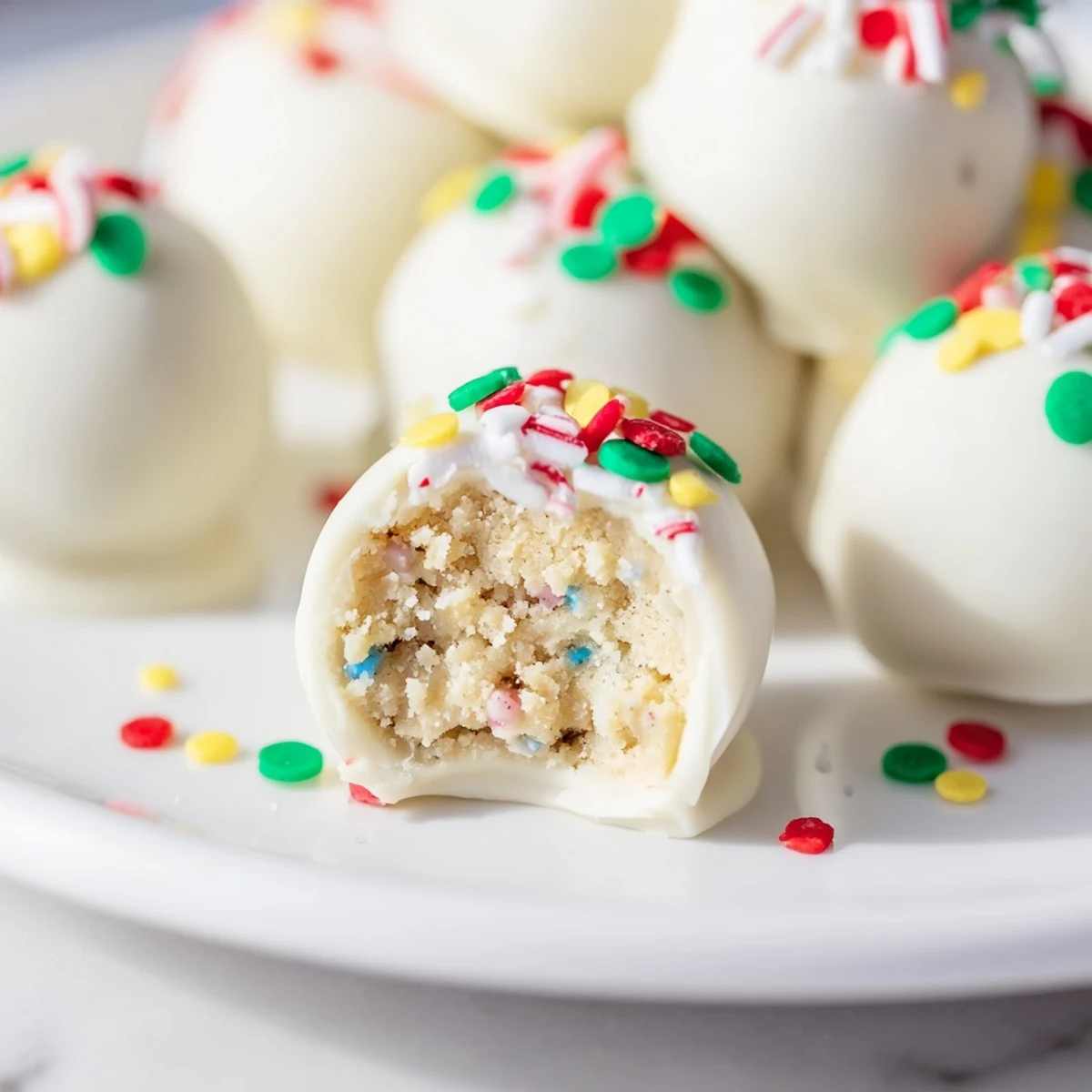 White chocolate coated Christmas Golden Oreo truffles topped with festive red and green sprinkles on a white plate