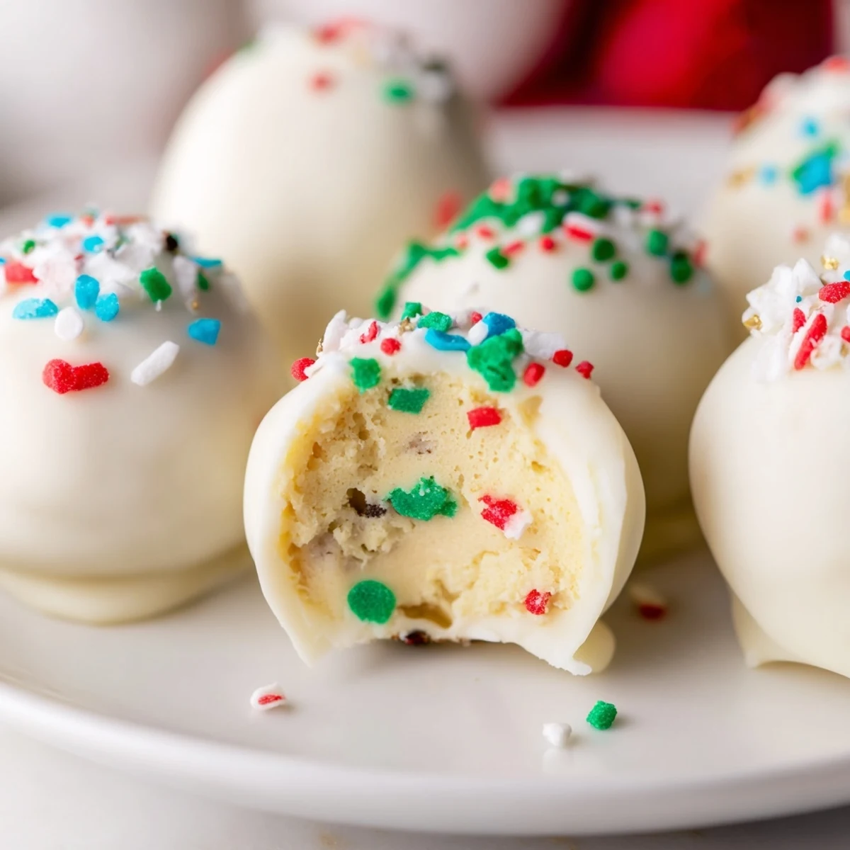 Creamy Golden Oreo truffles dipped in smooth vanilla coating and decorated with crushed candy cane pieces for holiday parties