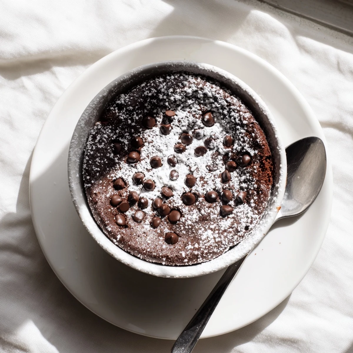 Rich mini chocolate cake dusted with powdered sugar on a white plate