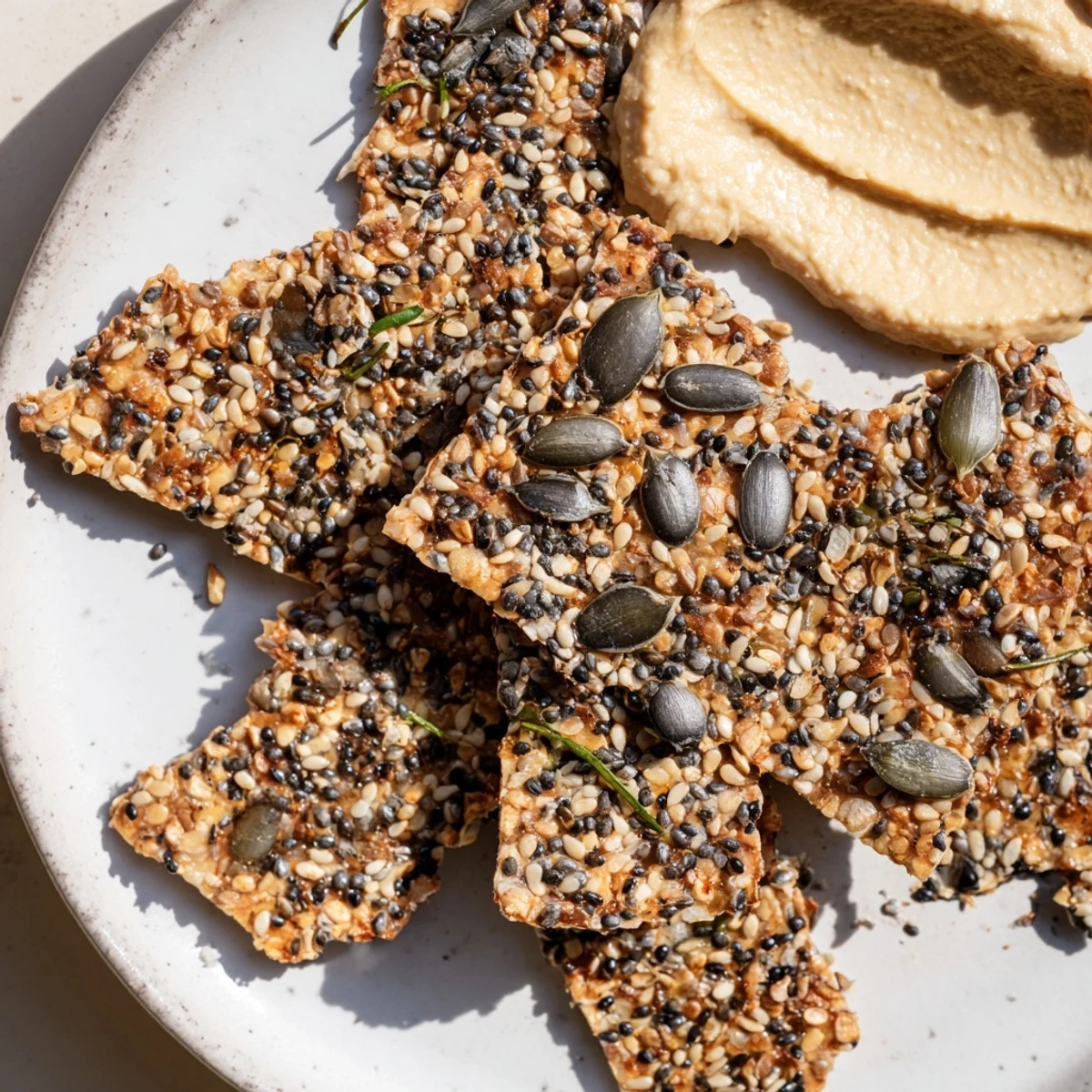 Thin homemade Seed Crackers arranged with hummus for savory dipping.