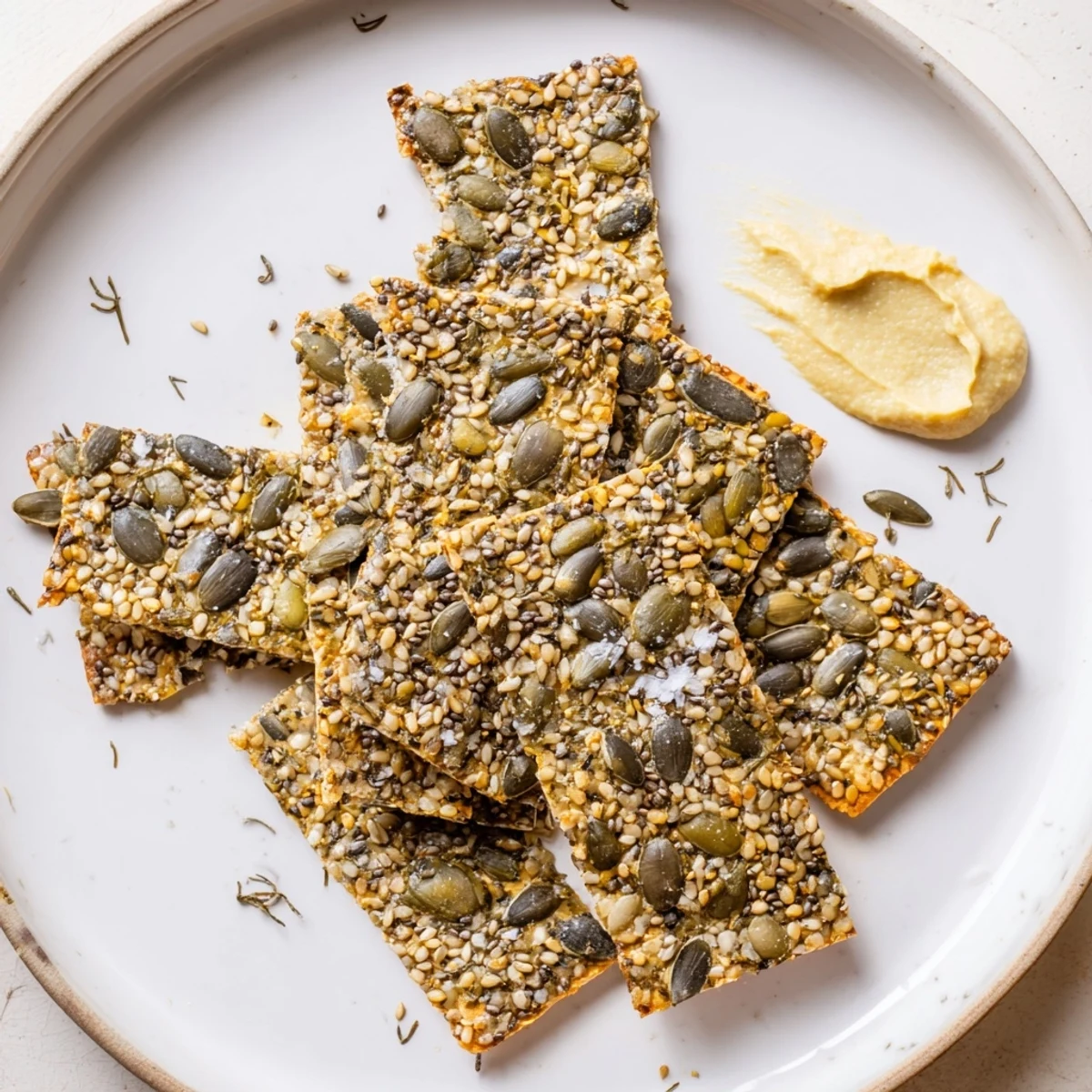 Crunchy Seed Crackers cooling on parchment paper, golden edges and visible seeds.