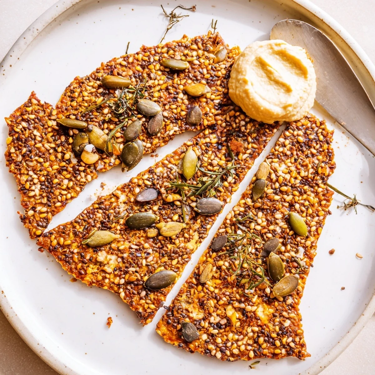 Seed Crackers on a baking sheet, baked golden and flecked with sesame.