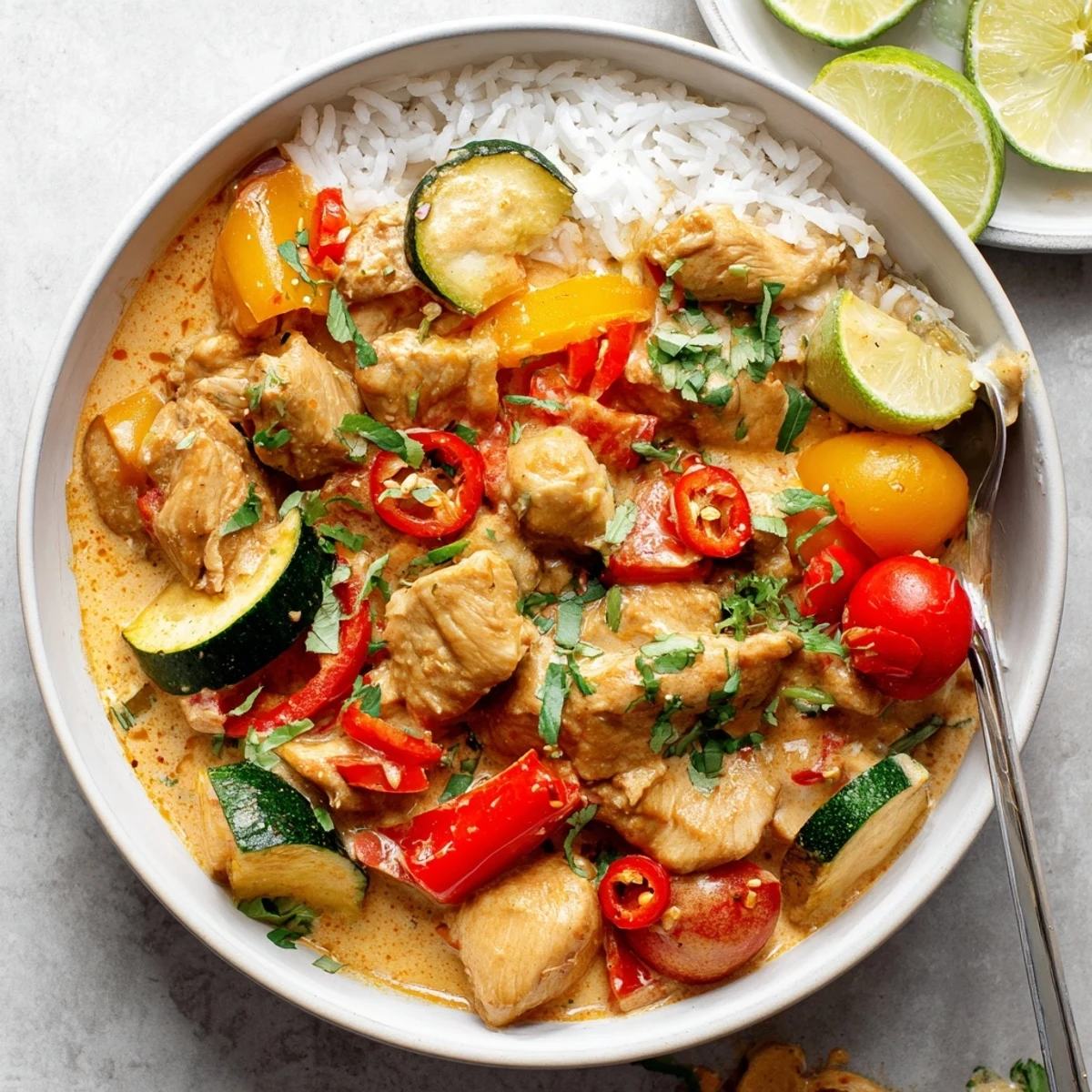 Spicy Summer Coconut Chicken Curry steaming over jasmine rice, garnished with cilantro  