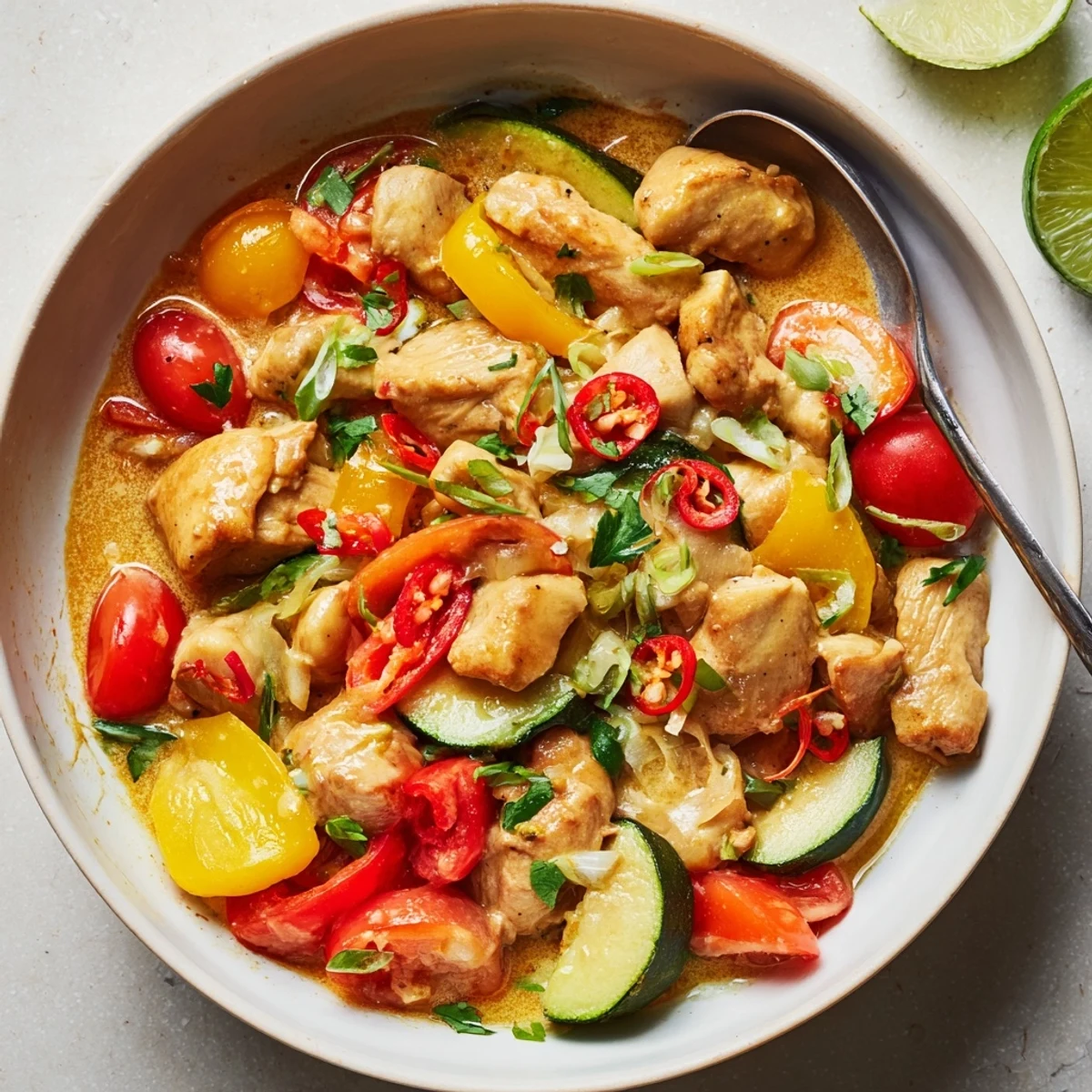 Hearty Spicy Summer Coconut Chicken Curry with bright peppers and creamy coconut sauce  