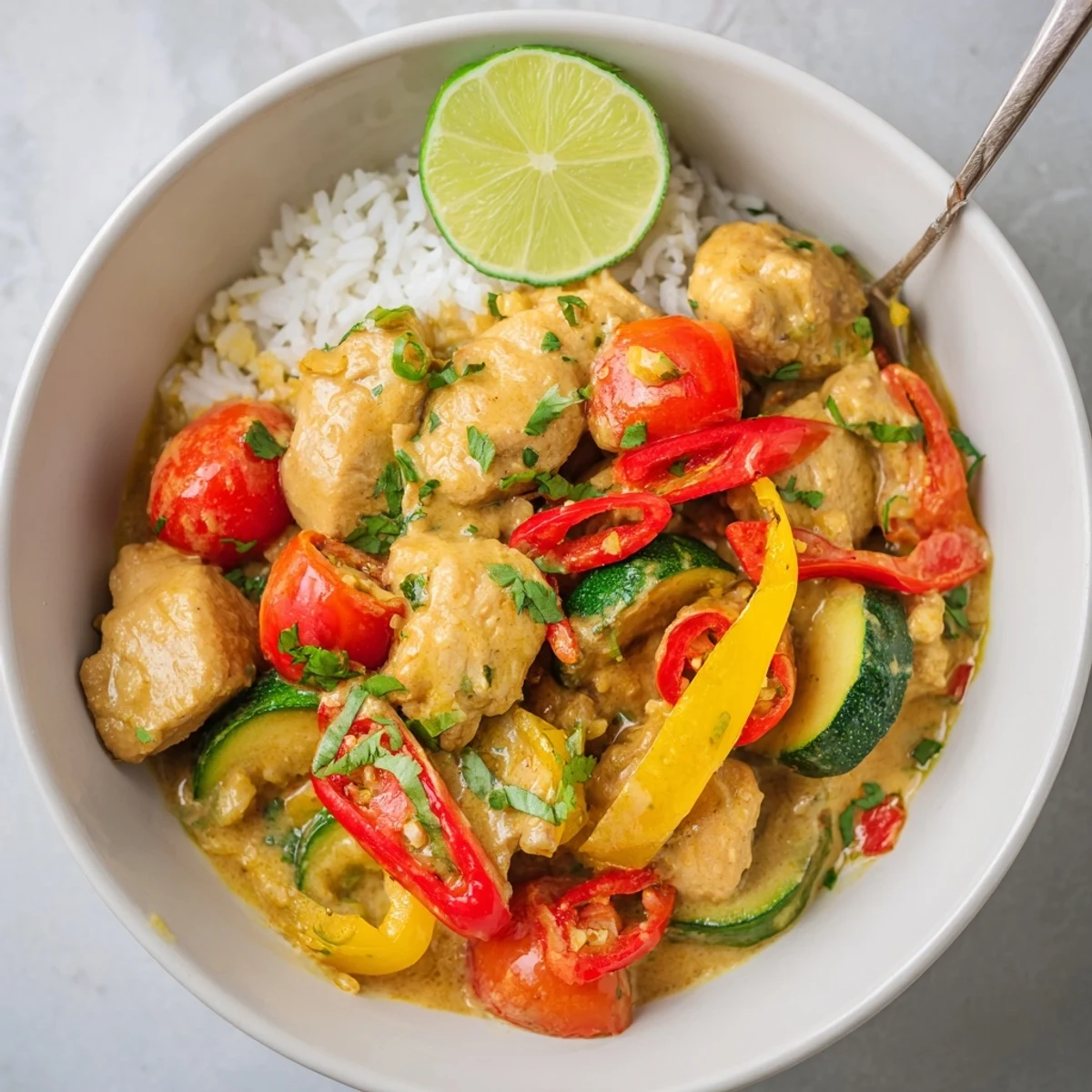 Weeknight skillet of Spicy Summer Coconut Chicken Curry, lime wedges and bold heat