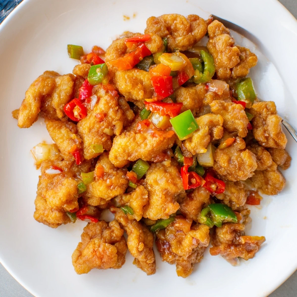 Flavorful Chilli Chicken Indo Chinese served steaming over fried rice, scallions scattered