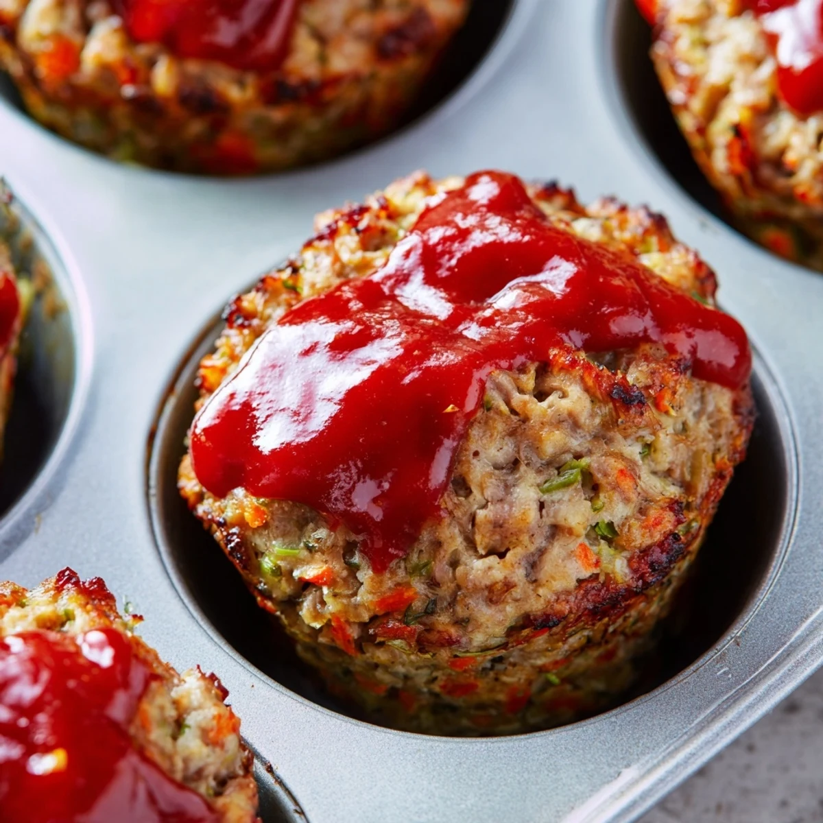 Golden brown turkey meatloaf muffins topped with glossy ketchup glaze in a muffin tin