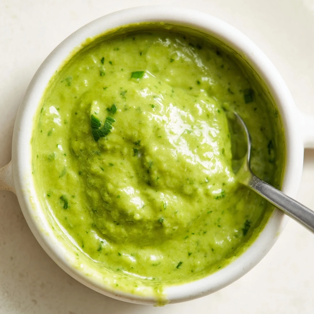 Creamy Peruvian green sauce Aji Verde drizzled over grilled chicken with fresh cilantro garnish