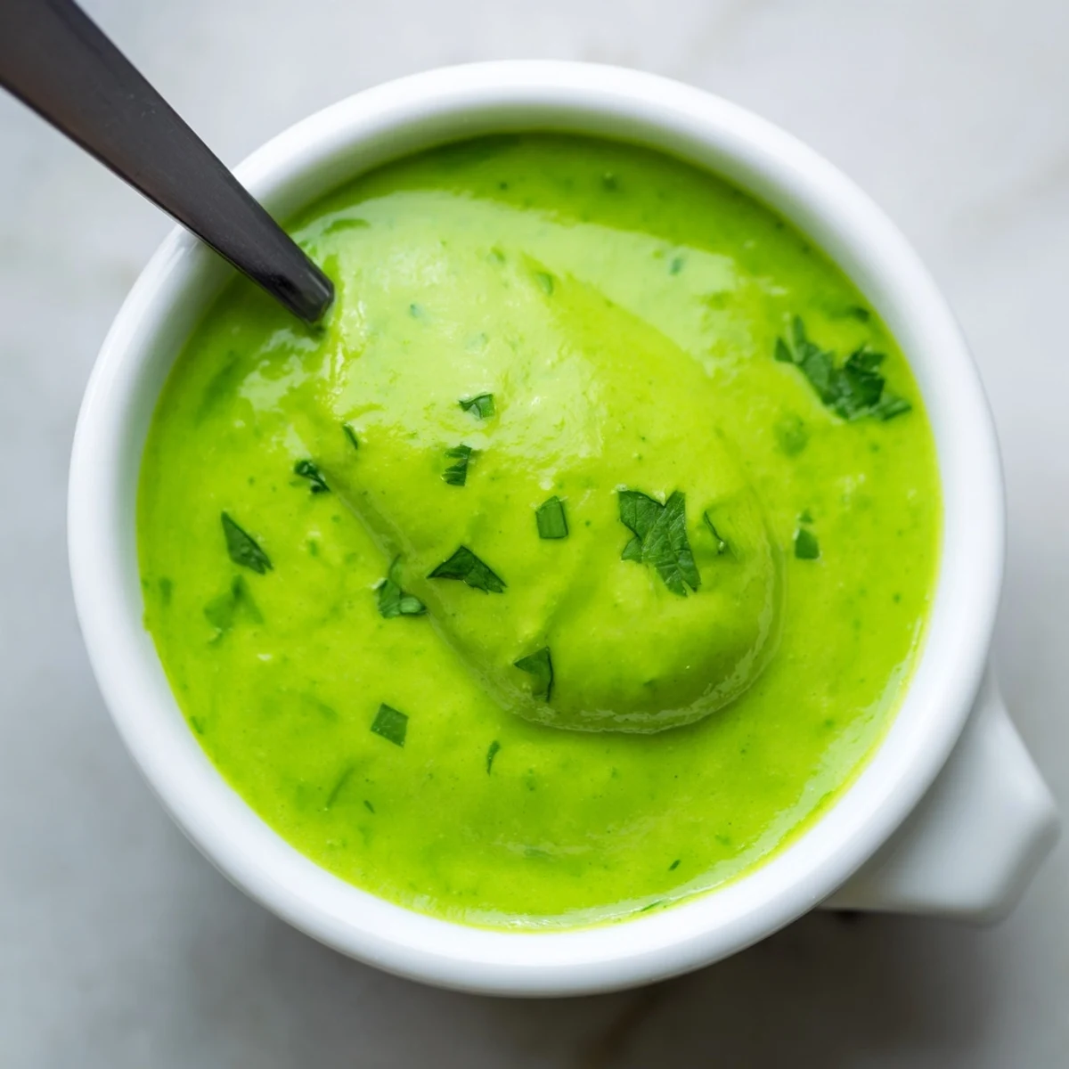 Vibrant bowl of spicy Peruvian Aji Verde green sauce served with tortilla chips for dipping