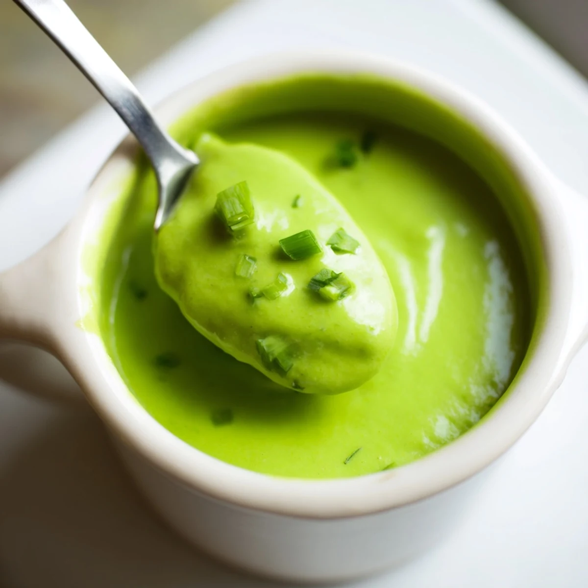 Smooth bright green Peruvian Aji Verde sauce topped with olive oil and fresh herbs