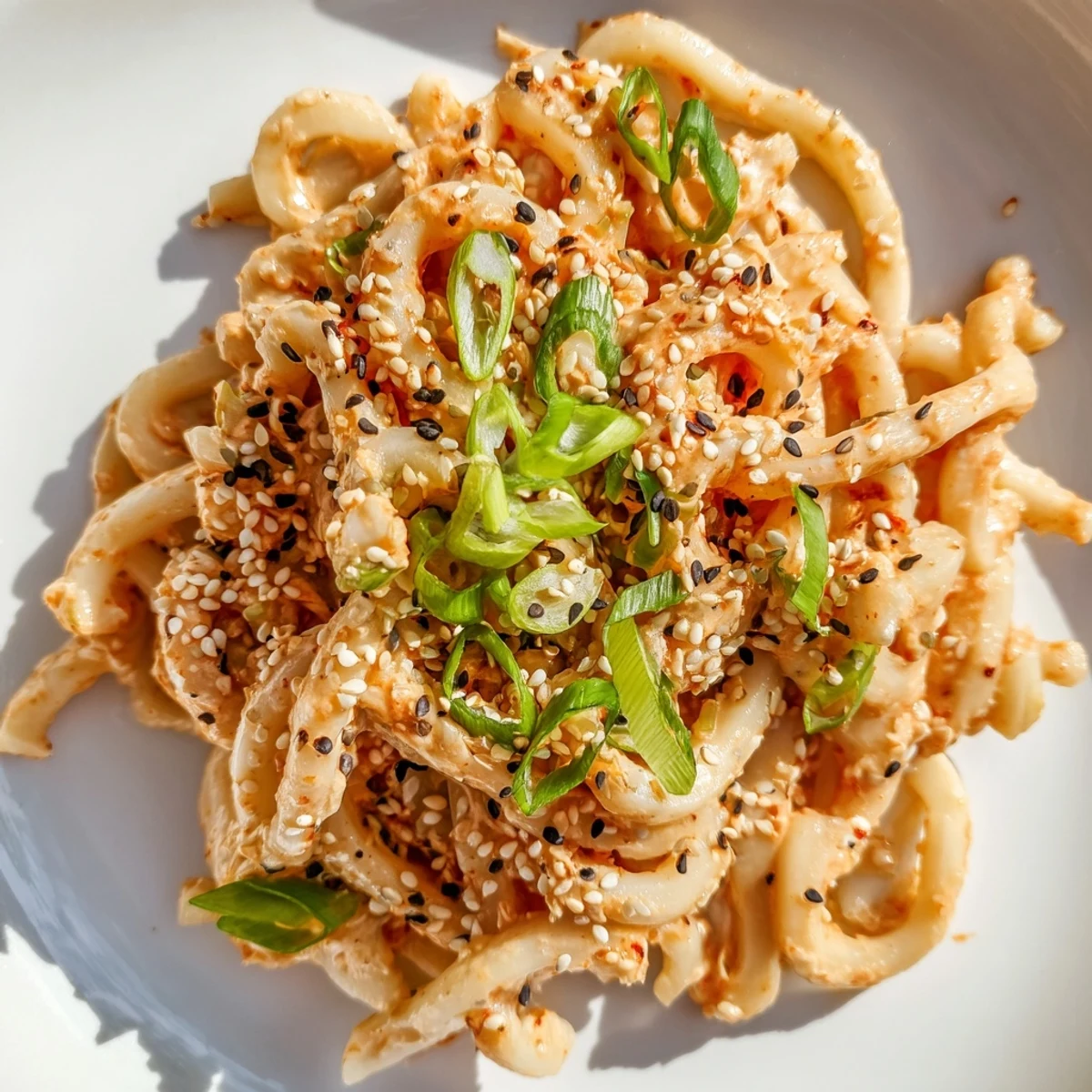 Steaming bowl of spicy tuna udon noodles topped with fresh scallions and sesame seeds