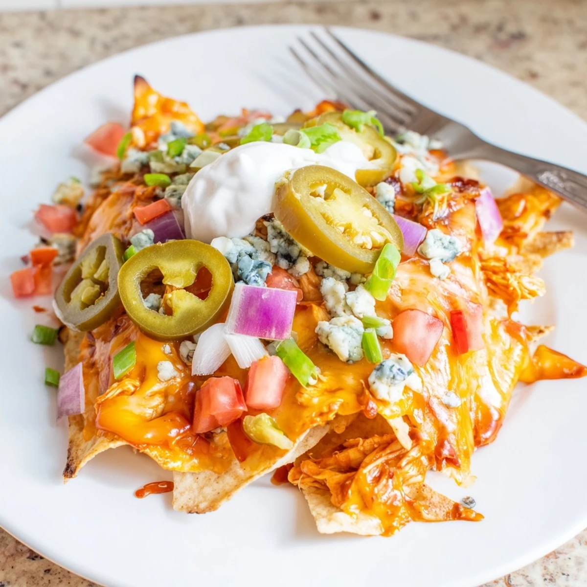 Game-day platter of Buffalo Chicken Nachos garnished with blue cheese, cilantro