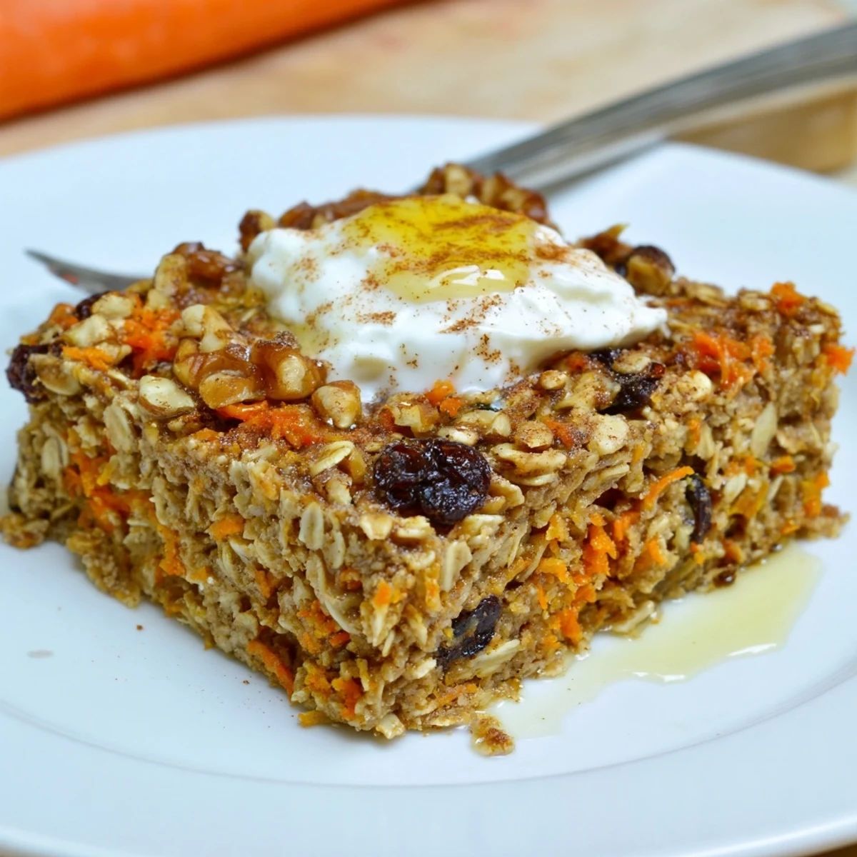 Warm square of Carrot Cake Baked Oatmeal steaming with cinnamon aroma.
