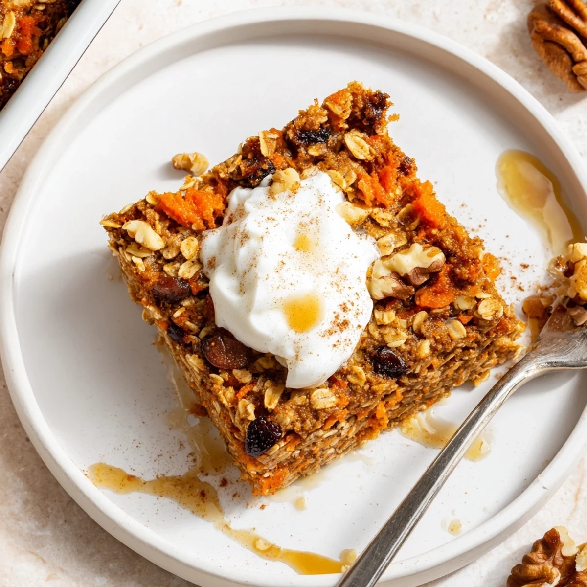 Rustic pan of Carrot Cake Baked Oatmeal studded with raisins and walnuts.