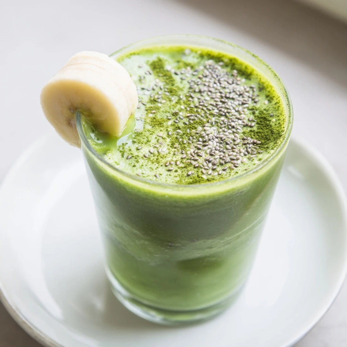 Matcha Smoothie swirled, creamy green with banana and almond milk  