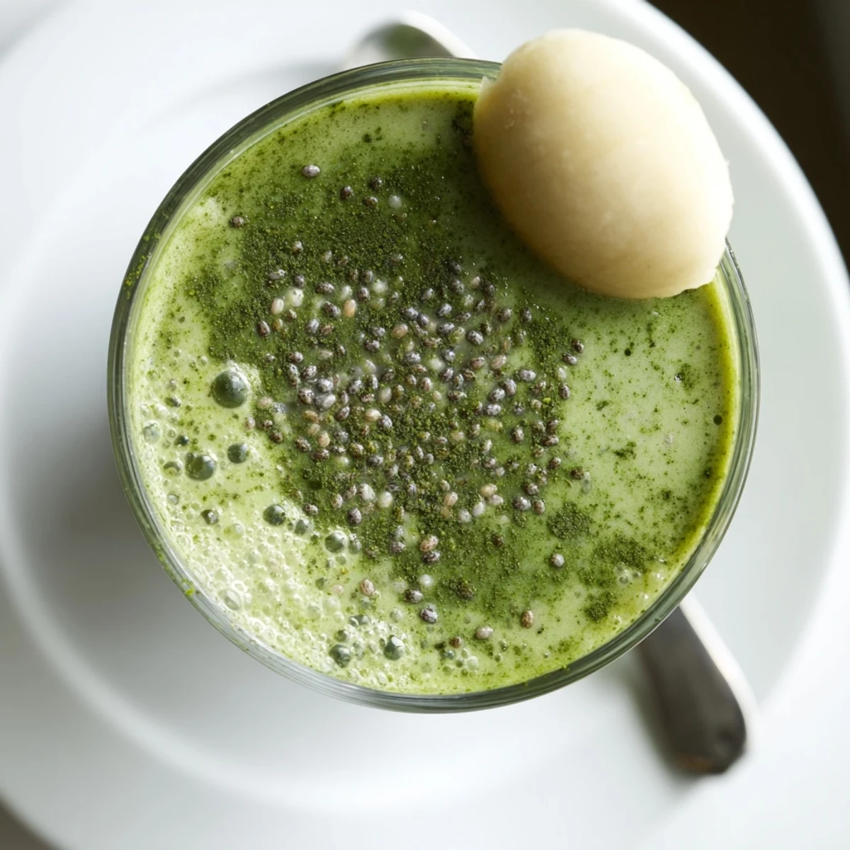 Refreshing Matcha Smoothie garnished with chia seeds, ideal brunch pick-me-up  